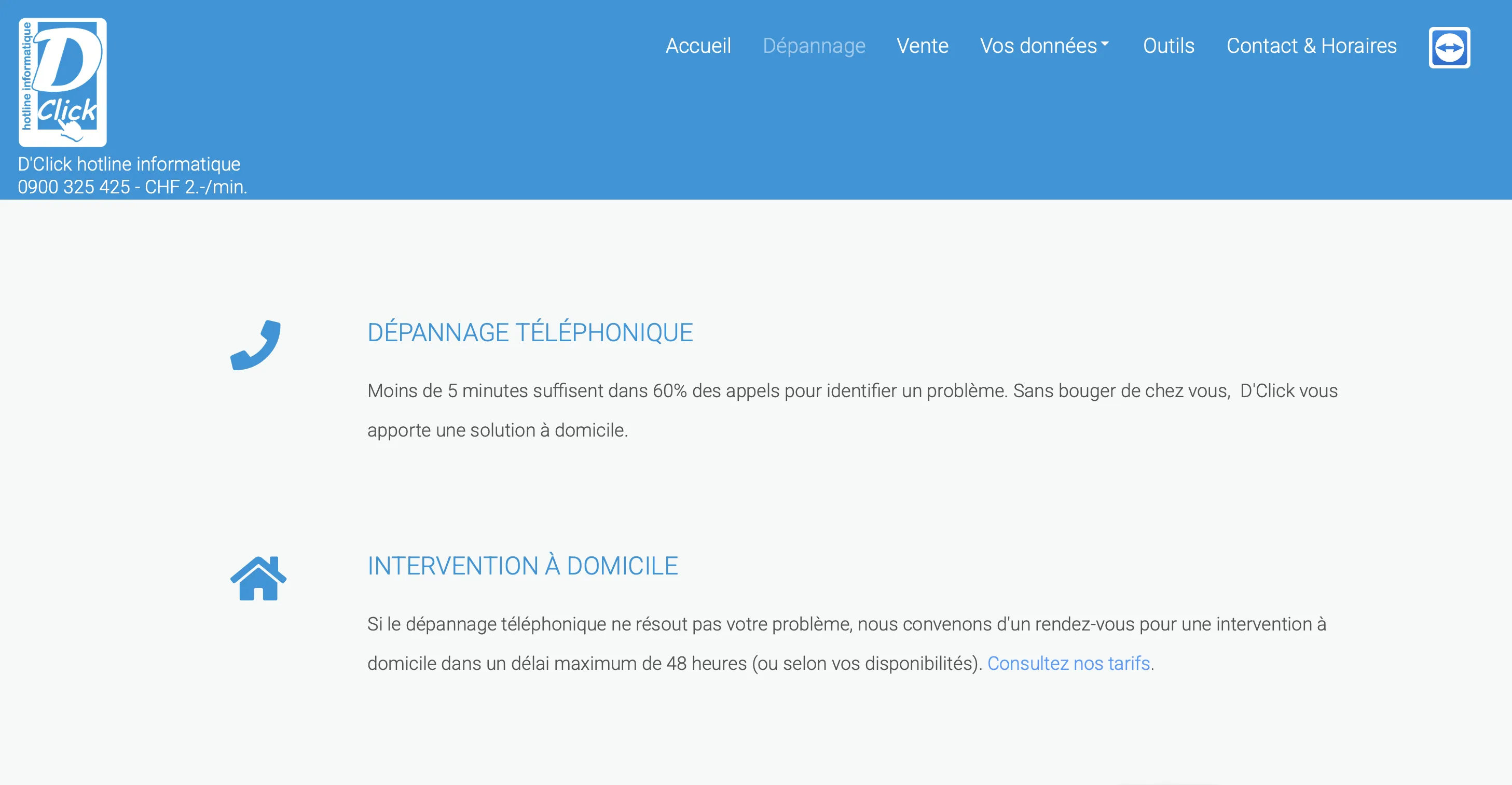 Page prestations du site Dclick – services informatiques en Suisse romande