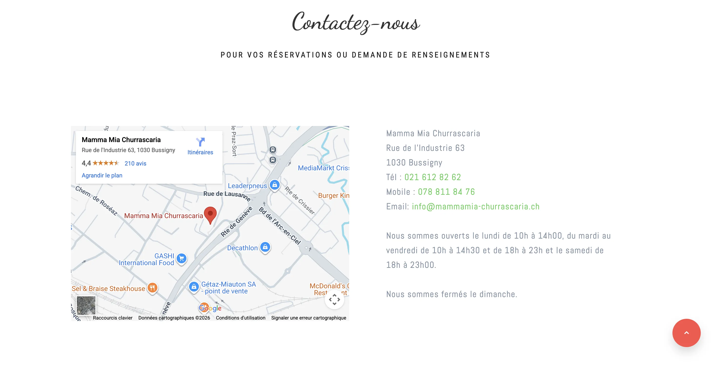 Page contact du restaurant Mamma Mia Churrascaria à Bussigny