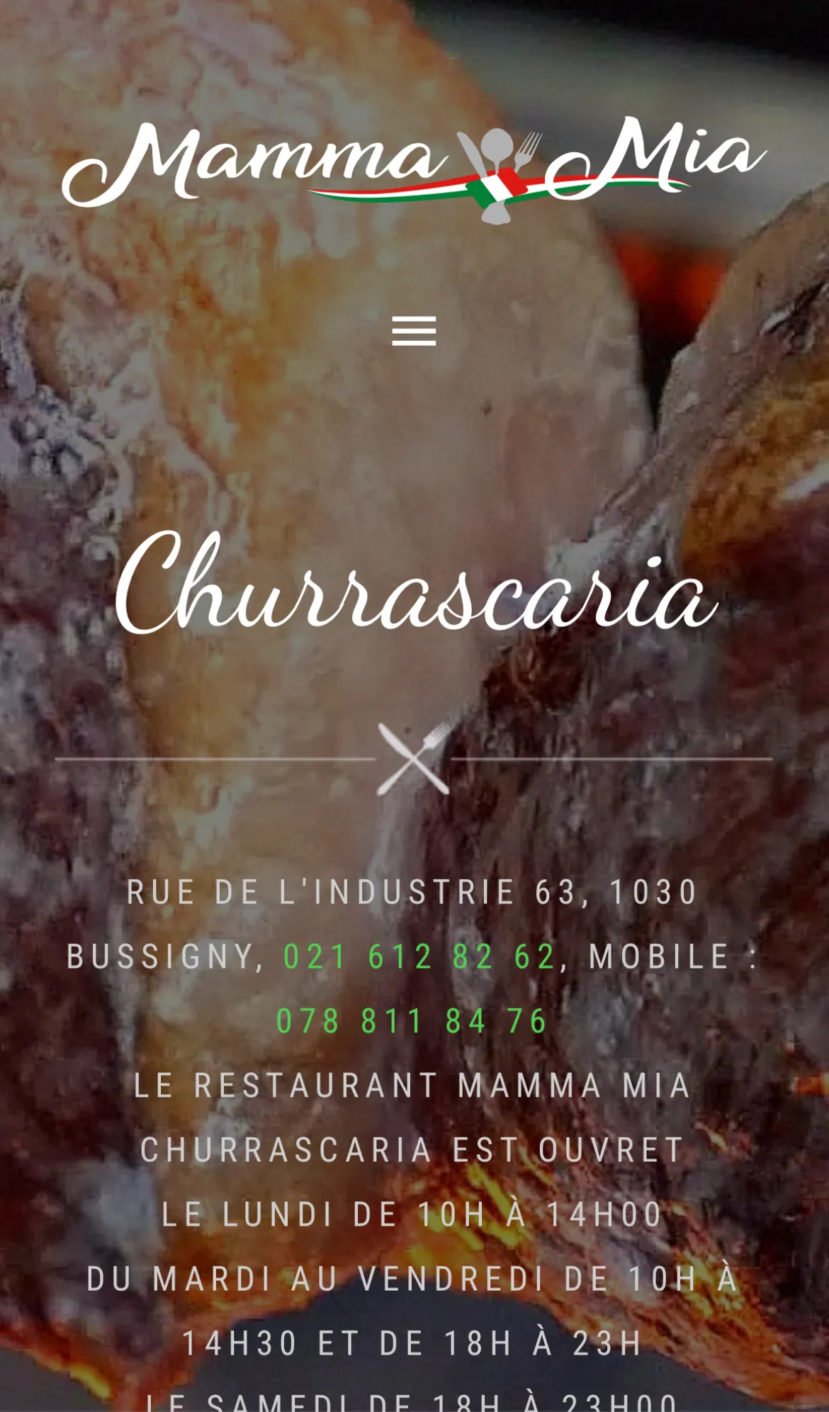 Version mobile du site du restaurant Mamma Mia Churrascaria à Bussigny